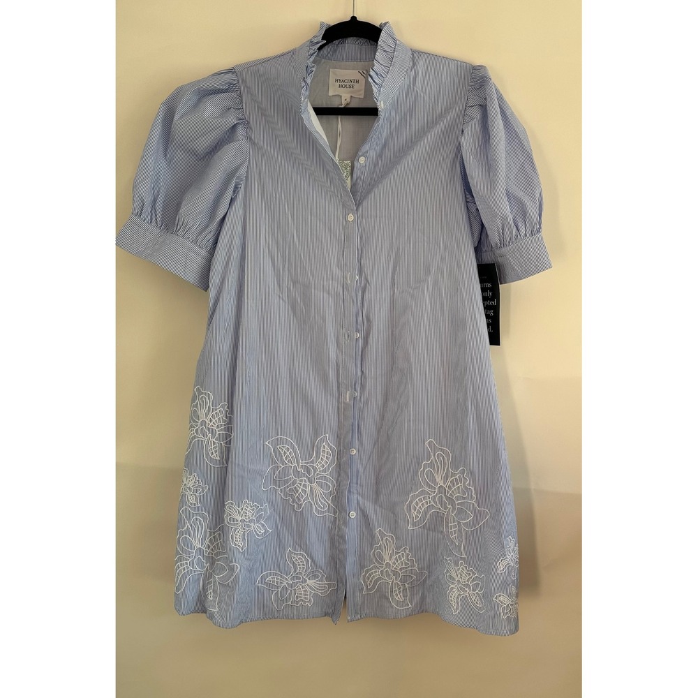 Hyacinth House Blue Pinstripe Embroidered Mini Shirt Dress HN5484D Medium